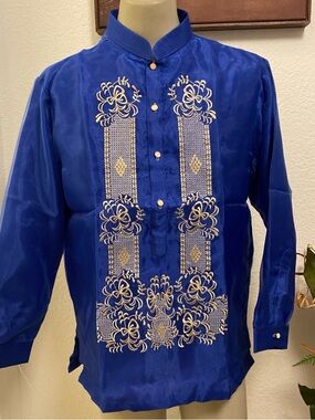 Men's Royal Blue Barong Tagalog Filipino Formal Attire Embroidered Dress Shirt